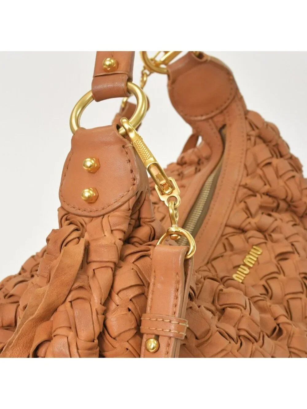 Miu Miu Intrecciato 2-Way Leather Shoulder Fringe Hobo Brown Lambskin Gold